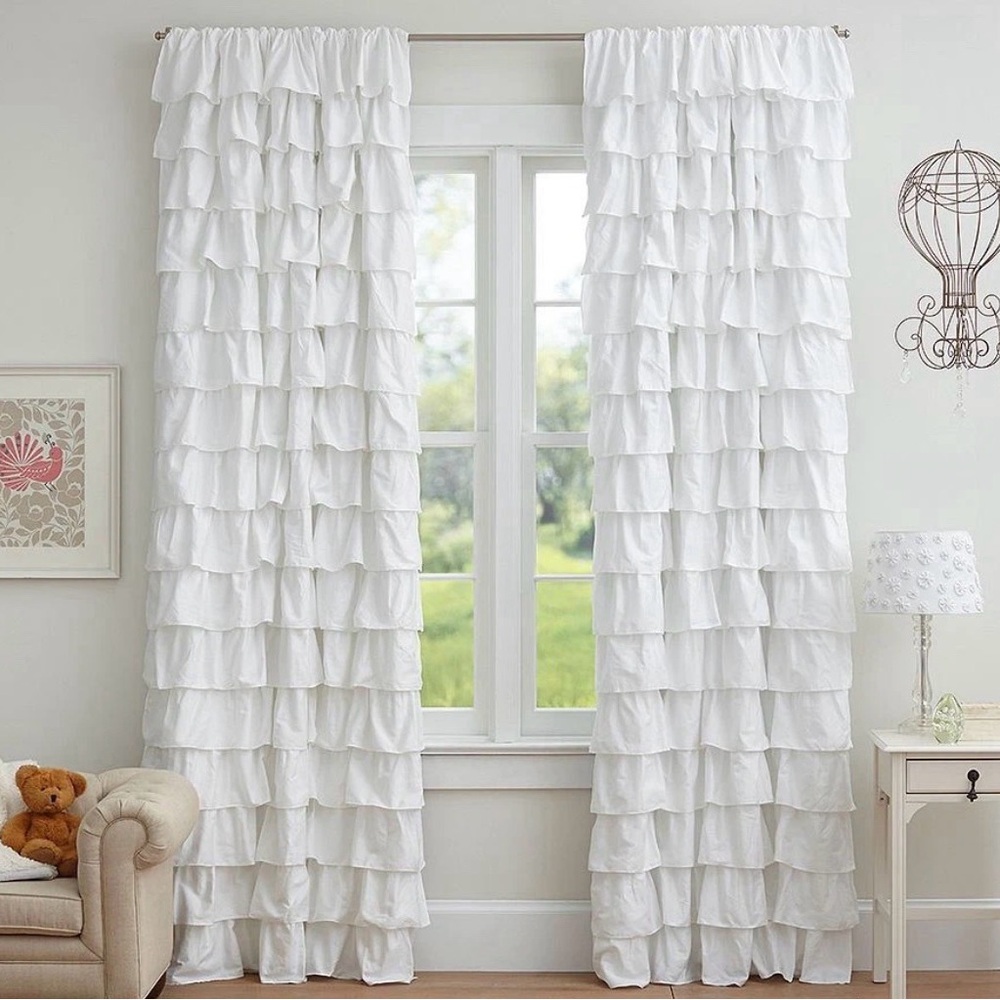 New Pottery Barn Kids White Ruffle Curtain one panel only 96” L x 44” W